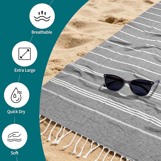 YSYJ 24 Pack Turkish Beach Towel 36"x71" Beach Towels Oversized Bath Towels Sand Free Quick Dry Turkish Towel Bulk Extra Large Pool Blanket Grey