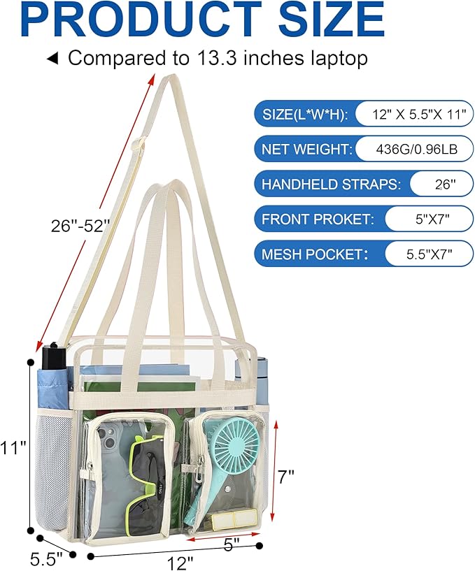 XCU Clear Bag for Stadium Events 12x6x12 Large Clear Tote Bag Transparent Lunch Bag Adjustable Straps for Concert Sports Work