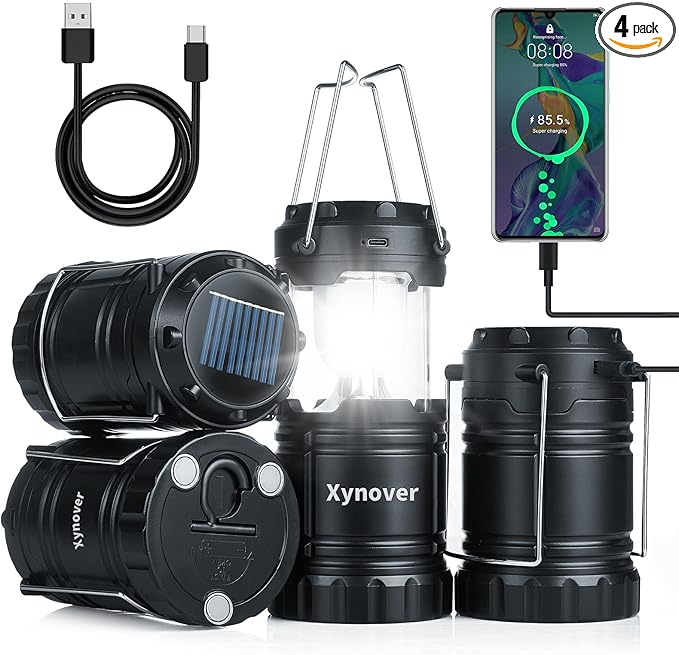 4-Pack Solar Camping Lanterns,Rechargeable LED with USB/Solar/AA Battery,Magnetic Base,Hanging Hook,Collapsible, Waterproof for Emergency, Hiking,Hurricane,Campsites,Lanterns for Power Outages