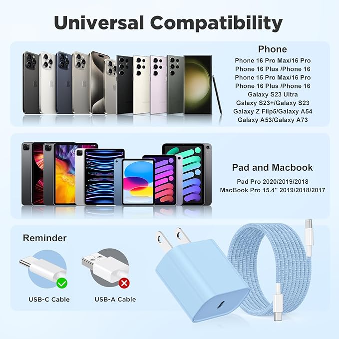 Hzevn 20W USB C Fast Charging for iPhone 17 Air/16/15 Pro Max,3Pack Colorful Mixed Charger Block with Braided Long USB C to C Cables (6/6/10ft) Compatible with iPhone16/15 Pro/15 Plus/iPad Pro
