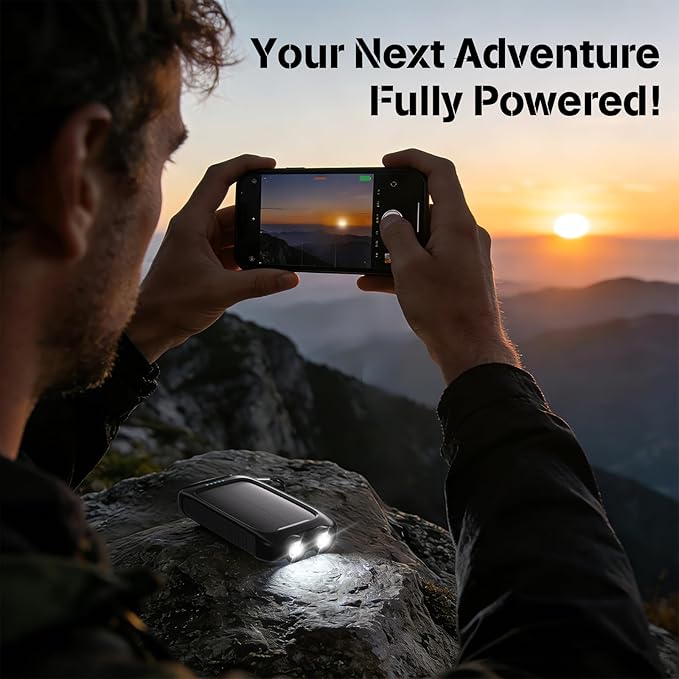 Portable Charger Solar Power Bank 20000mAh with USB-A and USB-C 5V/3A Output Port Black Battery Pack Compatible with iPhone, Samsung, Waterproof Emergency LED Flashlights Perfect for Camping, Hiking