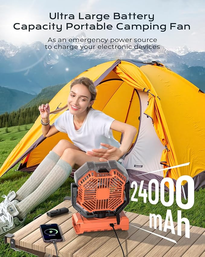 Misting Fan, Portable Camping Fans with 9oz Water Tank, 24000mAh Rechargeable Fan with 4 Speed, Battery Powered Fans with 120H Cooling, Last 5H Mist, 2 Mist Modes, Light, Outside/Summer Essential