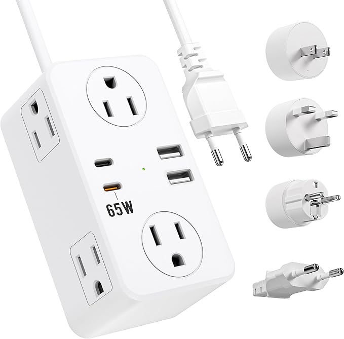 Kakyanill European Travel Plug Adapter, EU/UK/US Travel Adapter Power Strip, 6 AC Outlets, 65W USB C Power Delivery, 3ft Wrapped Around Extension Cord, Compact for Travel