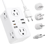 Kakyanill European Travel Plug Adapter, EU/UK/US Travel Adapter Power Strip, 6 AC Outlets, 65W USB C Power Delivery, 3ft Wrapped Around Extension Cord, Compact for Travel
