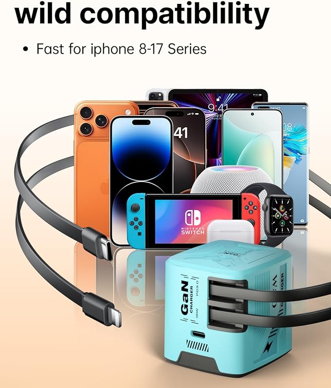 W & O 60W gan Fast Charger for iPhone, Retractable Phone Charger Wall Plug with Type‑C & Compatible Lightning Cables,for iPhone 17/16/15, Galaxy S25/24,Android Devices（Blue）