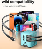 W & O 60W gan Fast Charger for iPhone, Retractable Phone Charger Wall Plug with Type‑C & Compatible Lightning Cables,for iPhone 17/16/15, Galaxy S25/24,Android Devices（Blue）