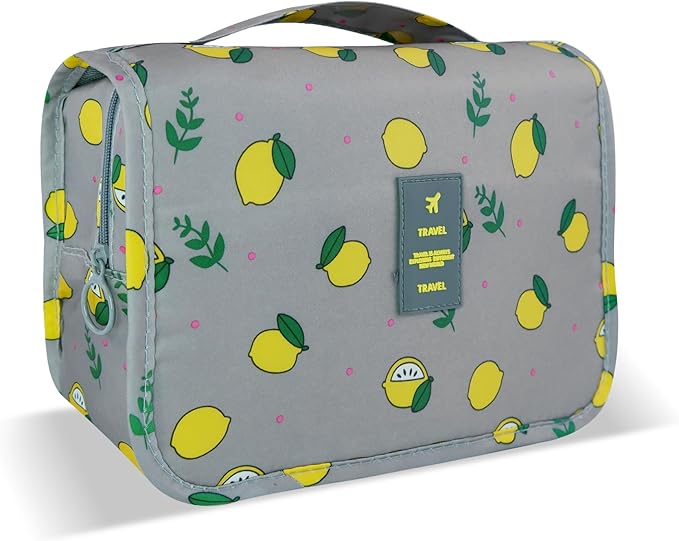 Lcsmaokin Large Capacity Toiletry Bag Travel Bag with Hanging Hook for Men and Women Waterproof Travel Cosmetic Bag Bathroom Storage Bag for Brushes Set,Full-Sized Shampoo,Accessories-Grey Lemon