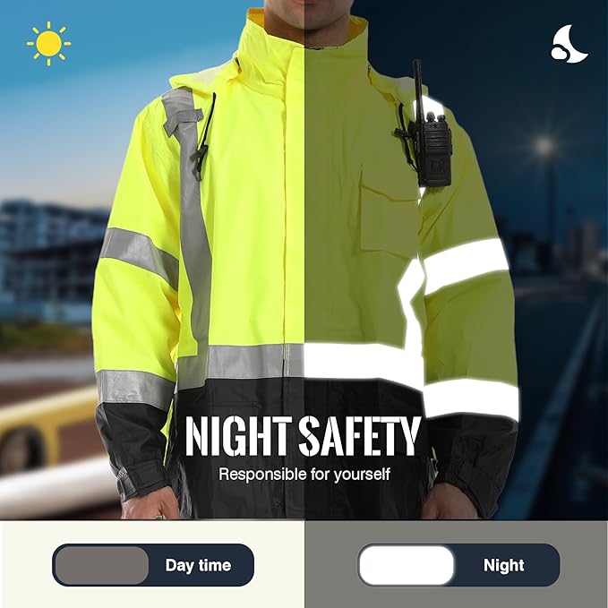 SKSAFETY Hi Vis Safety Rain Jacket for Men, Construction Work Rain Gear Heavy Duty Class 3 Rain Coat Waterproof Lightweight