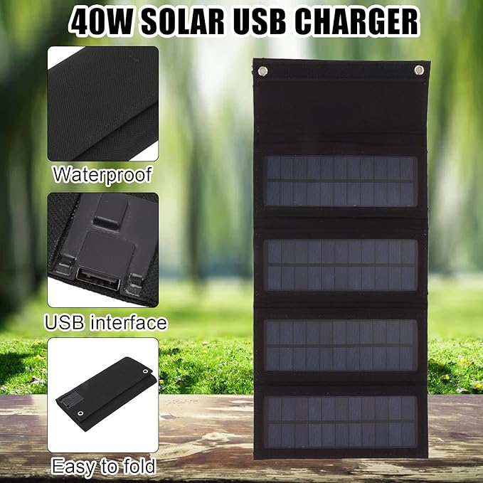 Jeanoko 1PCS 40W Foldable Solar Panel Charger, Low Light Solar Panel, High Conversion Efficiency for Backpacking for Camping,Portable Solar Panel Kit(Black)