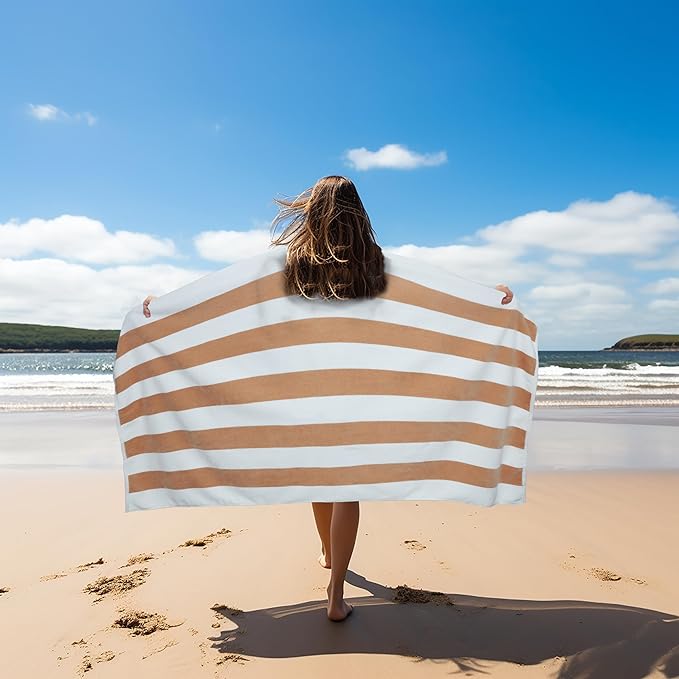 COTTON CRAFT Oversized Beach Towel - 2 Pack 35 x 70 inches XL Beach Towel - 100% Cotton Velour - Big & Huge - Thick Plush 450 GSM Super Soft Luxury Towel - Pool Picnic Bath - Cabana Stripe Linen