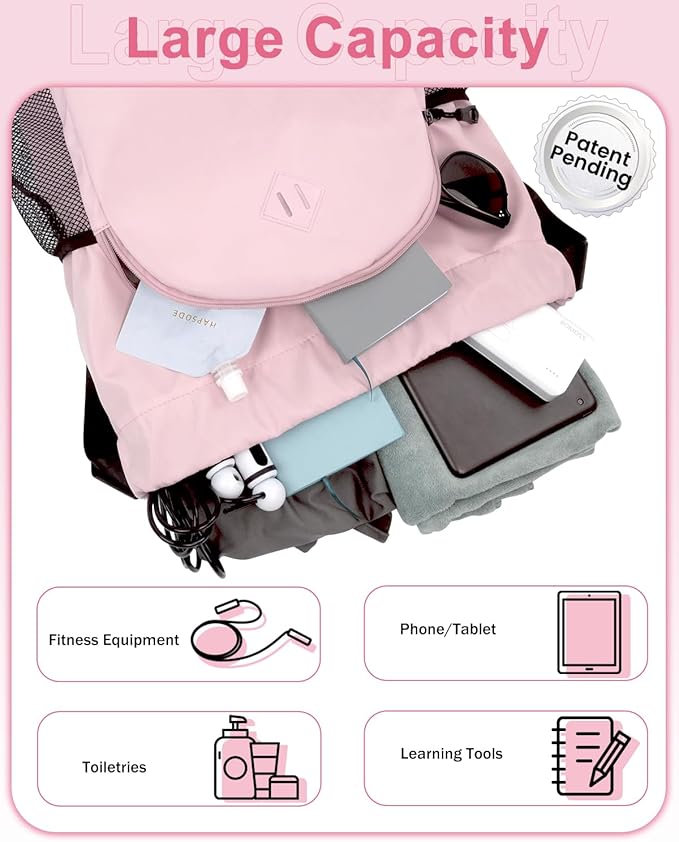 RHDZO Drawstring Backpack Gym Backpack with Shoe Compartment for Men Women String Sports Bag with Wet Pocket Cinch Swim Beach Bag, Large Pink