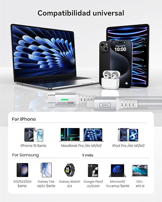 INIU USB C to USB C Cable [6.6ft, White, 2-Pack], 100w USB C to C Fast Charging Cable for iPhone 17 16 15 Pro Max Samsung S25 S24 Ultra Laptops MacBook iPad Air Switch etc.