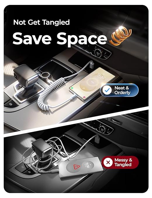 LISEN Coiled USB C Cable, 2 Pack for Android Auto & CarPlay Cable, Short USB A to USB C Cable Compatible with iPhone 17/16/15, Samsung Galaxy S25/S24/S23 A15/A14, Google Pixel 9/8, White 4FT