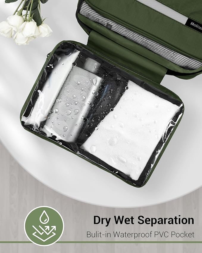 Maliton Toiletry Bag for Men & Women Travel Toiletry Bag Hanging Toiletry Bag Hygiene Organizer with 4 Compartments Waterproof Bathroom Shower Bag Large Toiletries Travel Bag (Olive Green)