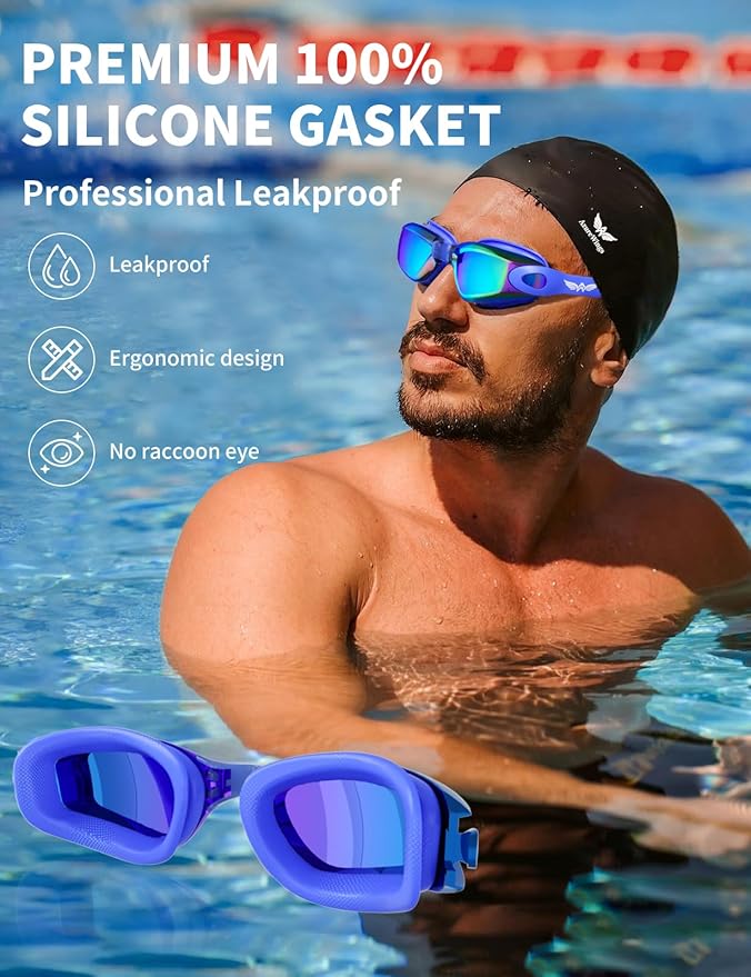 7 in 1 Swim Goggles + Swim Cap for Men Women,No Leak Anti-Fog & UV, Wide Visio HD Mirror PC Lens