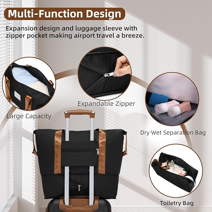 6 Piece Luggage Sets with Bags, Lightweight Expandable Checked Luggage Sets, Hardshell ABS Spinner Wheels Carry on Suitcase with TSA Lock, for Travel, Women Men (Black Brown, 18/20/24/28inch+2bags)