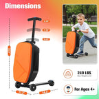 Scooter Luggage For Kids & Adults， Hardside Ride On Suitcase For Kids Ages 4-15 Multifunctional Lightweight Foldable Carry On Luggage With Wheels Ride On For Children Teenagers（Orange）