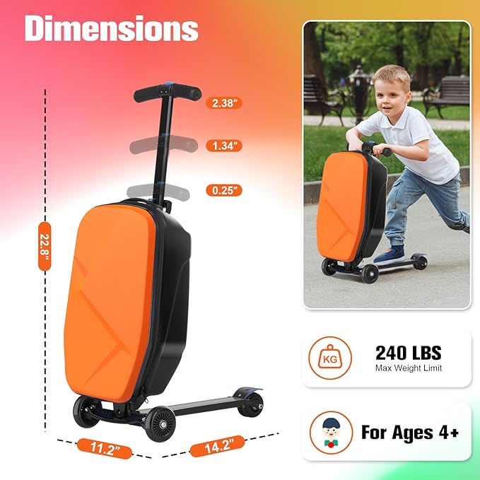 Scooter Luggage For Kids & Adults， Hardside Ride On Suitcase For Kids Ages 4-15 Multifunctional Lightweight Foldable Carry On Luggage With Wheels Ride On For Children Teenagers（Orange）