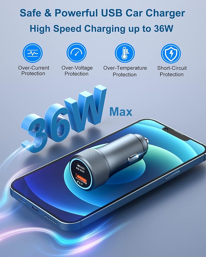 USB C Car Charger 36W, OKRAY 3-Pack Fast Charging PD3.0+QC3.0 Dual USB Car Phone Charger 12v Type C Cigarette Lighter Adapter for iPhone 17 16 15 14 13 Pro, Samsung Galaxy S25 S24 A16, Pixel 9 (Grey)