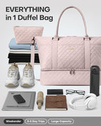 HOTOR Travel Duffel Bag - Weekender Bags for Women, Gym Tote Bags with Shoe Compartment, Carry On Overnight Bag with Toiletry Bag for Travel Essentials and Travel Accessories, Pink, 15.8"×18.1"×8.7"