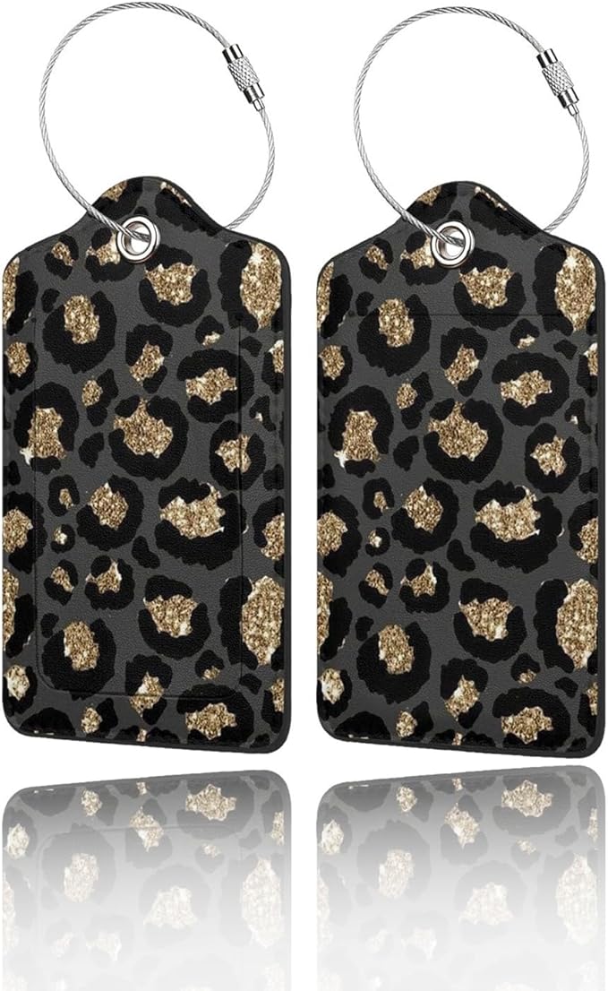GACCAP 2 Pack Luggage Tags for Suitcase, Privacy Cover ID Label with Stainless Steel and Address Card for Travel Bag Backpack Cruise Ship Essentials Tag Women Girls - Black Gold Leopard Cheetah
