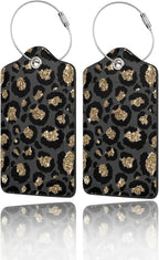 GACCAP 2 Pack Luggage Tags for Suitcase, Privacy Cover ID Label with Stainless Steel and Address Card for Travel Bag Backpack Cruise Ship Essentials Tag Women Girls - Black Gold Leopard Cheetah