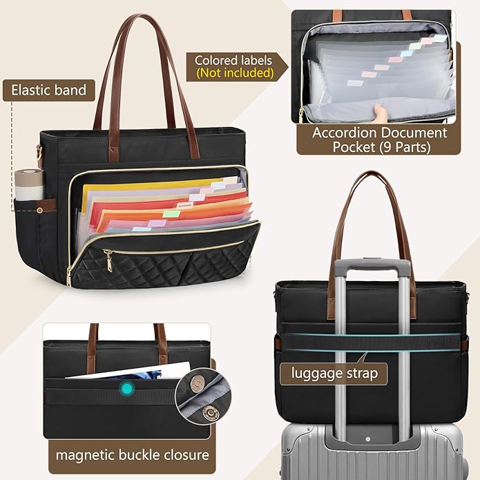 RAINSMORE Teacher Tote Bag 15.6 Inch Laptop Bag for Women Work Bag with Large Cup Holder Nurse Bag Computer Tote Handbag