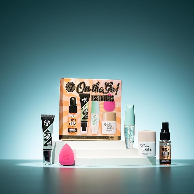 W7 On the Go Essentials Set - Mini Makeup Must-Haves with Primer, Setting Spray, Mascara, Golden Glow Bronzing Drops & Beauty Sponge - Travel or Handbag Size Essentials