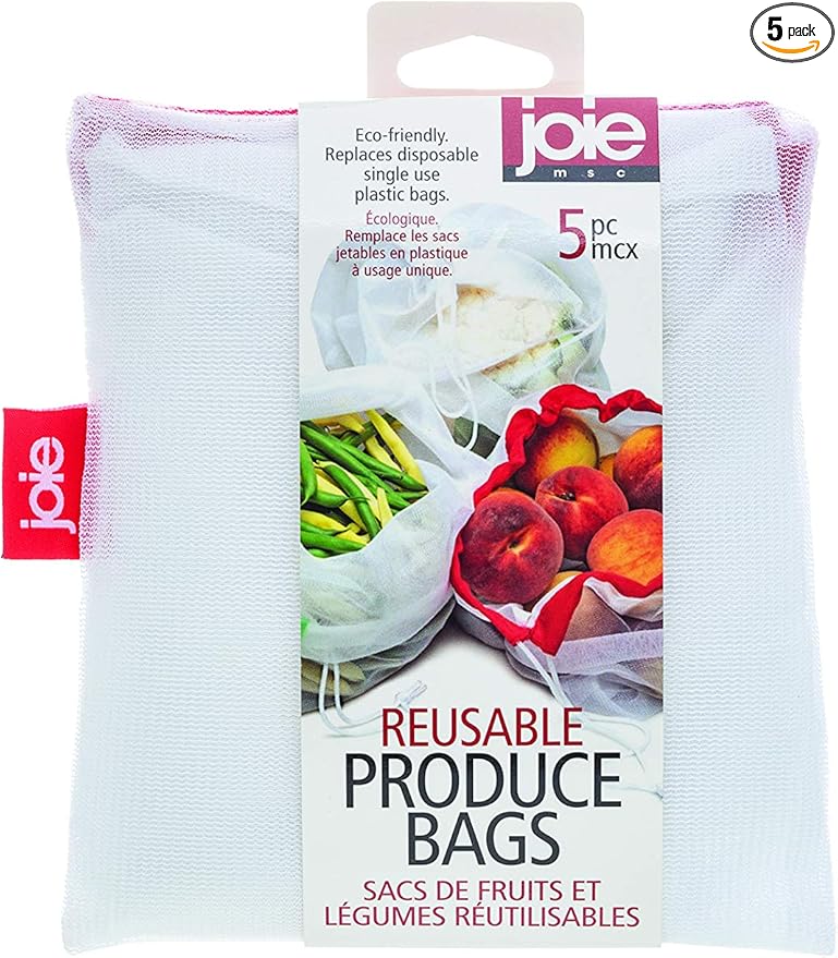 Joie Reusable Produce Bags 5pc Set, Sustainable, Nylon, Mesh, Machine Washable, Eco-Friendly, 5.5 x 6 inches