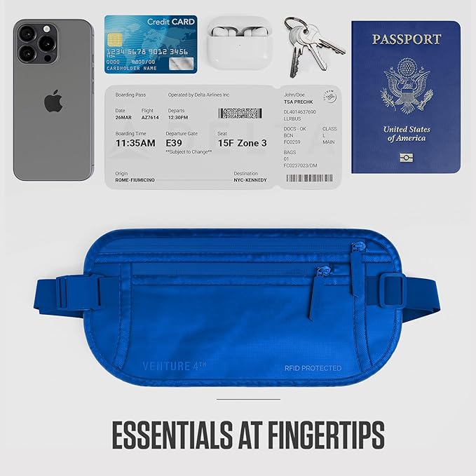 VENTURE 4TH Money Belt for Travel – Slim Hidden Under-Clothes RFID Blocking Anti-Theft Passport Holder & Travel Wallet Pouch for Men & Women to Protect Cash, Cards & Documents (Sleek Blue)