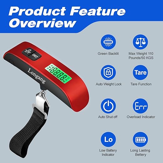 Digital Hanging Luggage Scale with Backlit for Travel, Portable Handheld Suitcase Weight Scale with Hook, 110 Pounds, Battery Included