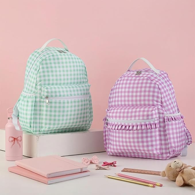 DYSHAYEN Gingham Kids Backpack,15 Inch School Backpack for Girls Boys,Kindergarten Large Bookbag Age 5-8 for Birthday Gifts School Overnight (Green)