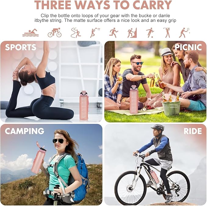 Water Bottle with Straw 1L,Boys Water Bottles with Straw 1 Litre,Waterbottle Leak-Proof Sports Water Bottle,Plastic Drinks Bottles Toxin Free，Bpa-Free (Pink2)