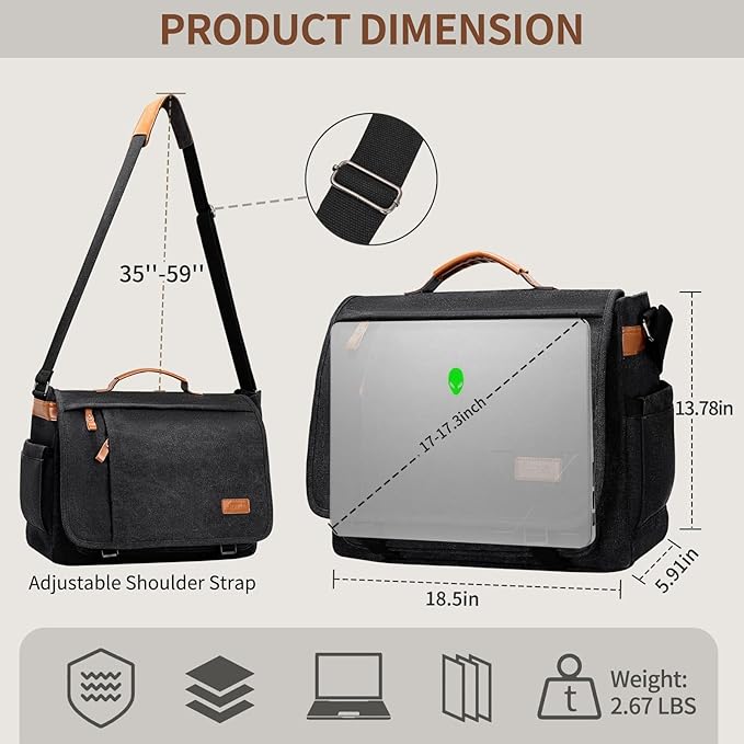 ESTARER Men's Messenger Bag 17.3 Inch Upgraded, Water-resistant Canvas Laptop Bag, Computer Shoulder Bag for College Travel Work, Dark Grey