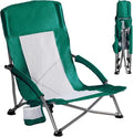 DUMOS Low Beach Chair for Adults, Lightweight Folding Beach Chair with Cup Holder, Storage Bag, Breeze Mesh Back, Padded Armrests, Compact Low Profile Chair for Camp, Picnic, Lawn, Sand