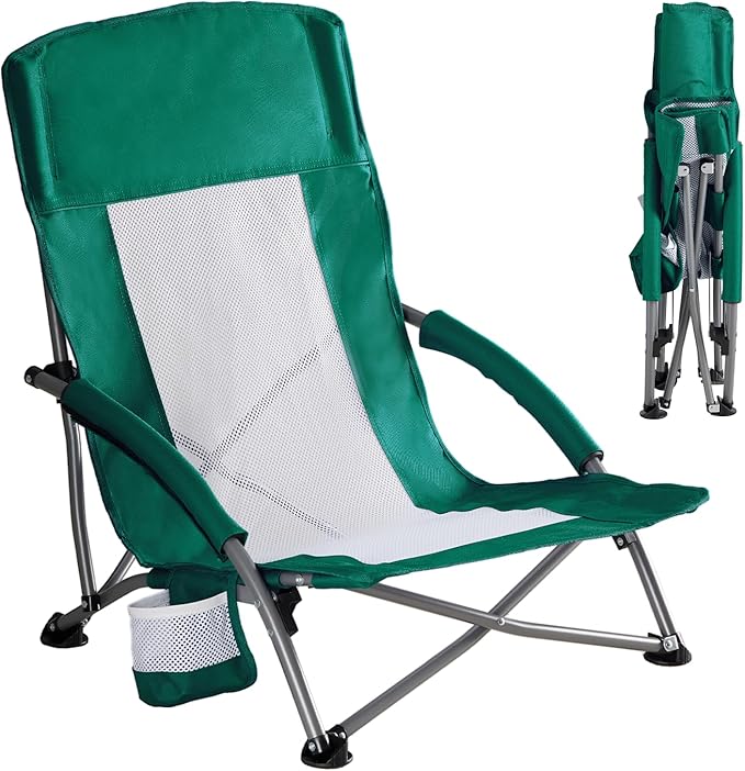 DUMOS Low Beach Chair for Adults, Lightweight Folding Beach Chair with Cup Holder, Storage Bag, Breeze Mesh Back, Padded Armrests, Compact Low Profile Chair for Camp, Picnic, Lawn, Sand