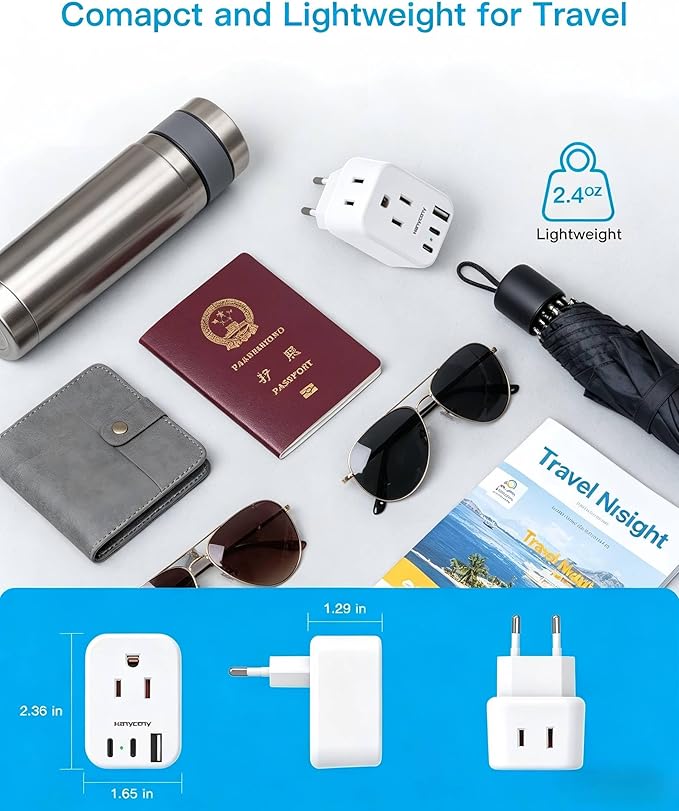HANYCONY European Plug Adapter, US to Europe Power Adapter with 2 Outlets & 3 USB Ports (2 USB C), Type C Travel Adapter for Italy, Spain, France, Germany, Greece, Iceland, Essentials for Cruise Ship
