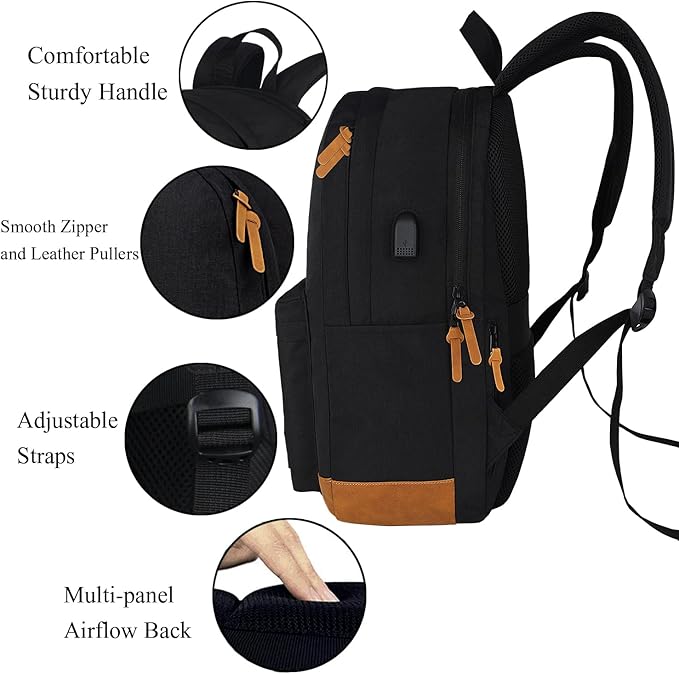 SUPACOOL Casual Laptop Backpack, Lunch bag, Pencil bag, School backpack with USB Port for Men and Women, Bookbag for Boys and Girls, Backpack Set(3PCS Black)