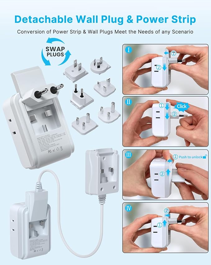Universal Travel Adapter Kit, VINTAR 35W 5FT Detachable Extension Cord with 4 AC and 3 USB Ports(2 USB-C), Type A, C, D, G, I, M International Power Adapter for EU/India/South Africa