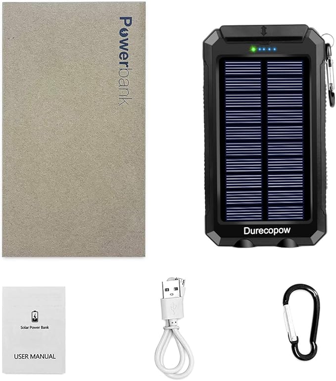 Solar Charger Power Bank, 8000mAh Portable Outdoor Waterproof Solar Battery Charger, Camping External Backup Battery Pack USB C Ports Input/Output, 2 Led Light Flashlight with Compass (Black)