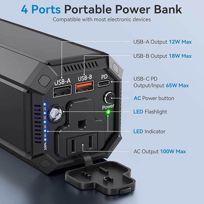 Portable Power Bank with AC Outlet, 100W Portable Laptop Charger, 98Wh/27000mAh High Capacity with 65W PD USB C Laptop Battery Bank, Backup Power Source for Business Travel and Outdoor Activities