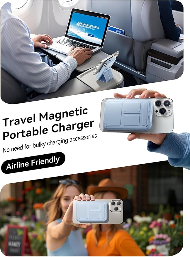 Magnetic Portable Charger, 10000mAh Wireless Power Bank with 20W USB-C Fast Charging, Foldable Stand & LED Display Magnetic Battery Pack, Compatible with iPhone 17/16/15/14, Sky Blue