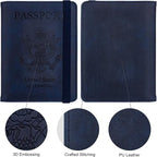 WALNEW Passport Holder for Travel, RFID Passport Cover Wallet for Women Men, PU Leather Passport Book Card Holder Case with Pen (Elastic Band Closure, A-Navy Blue)