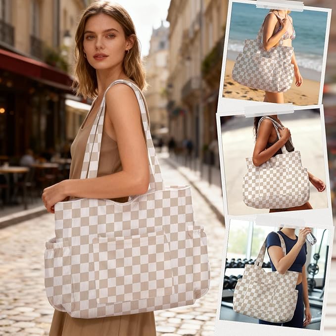 Corduroy Tote Bag for Women,Large Capacity Cute Tote Bags With 6 Pockets,Crossbody Shoulder Handbag for Work Travel Gym