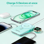 Magnetic Portable Charger Built-in Cables,10000mAh Fast Charging Wireless Charger Station External Battery Pack Slim Pocket Size Power Bank with Stand Compatible with iWatch, iPhone