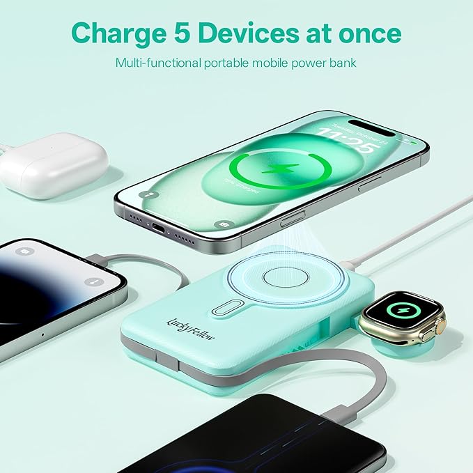 Magnetic Portable Charger Built-in Cables,10000mAh Fast Charging Wireless Charger Station External Battery Pack Slim Pocket Size Power Bank with Stand Compatible with iWatch, iPhone