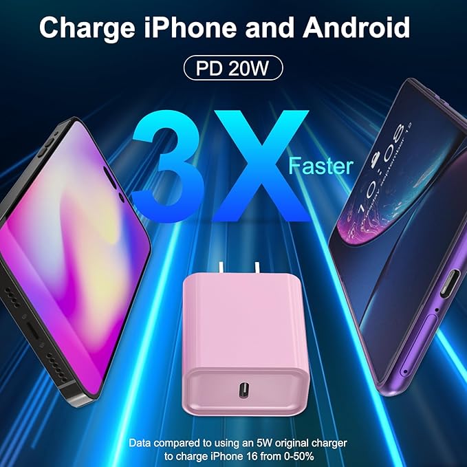 iPhone 17 16 15 Charger Fast Charging, 3 Pack PD 20W USB C Charger with 10FT Cord, USB C Cable Type C Chargers Block for iPhone 17/17 Pro/17 Pro Max/16/16 Plus/16 Pro/16 Pro Max/15/15 Pro（Pink）