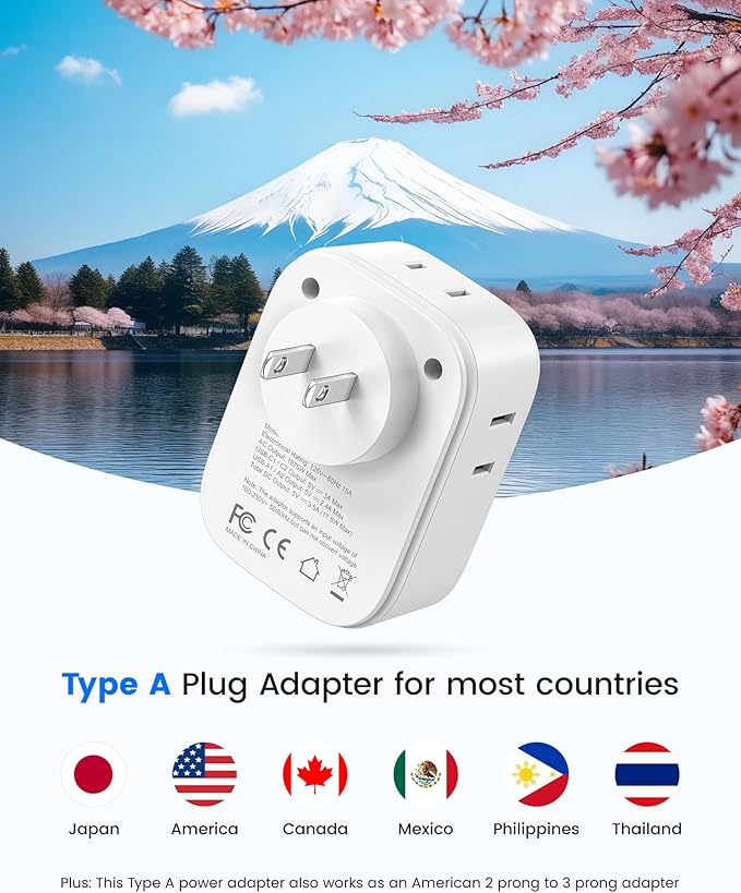 LENCENT US to Japan Plug Adapter, 2 Prong to 3 Prong Outlet Adapter with 4 Outlets 4 USB Ports(2 USB C), Type A Travel Converter for US to Japan Canada Mexico China Philippines Peru