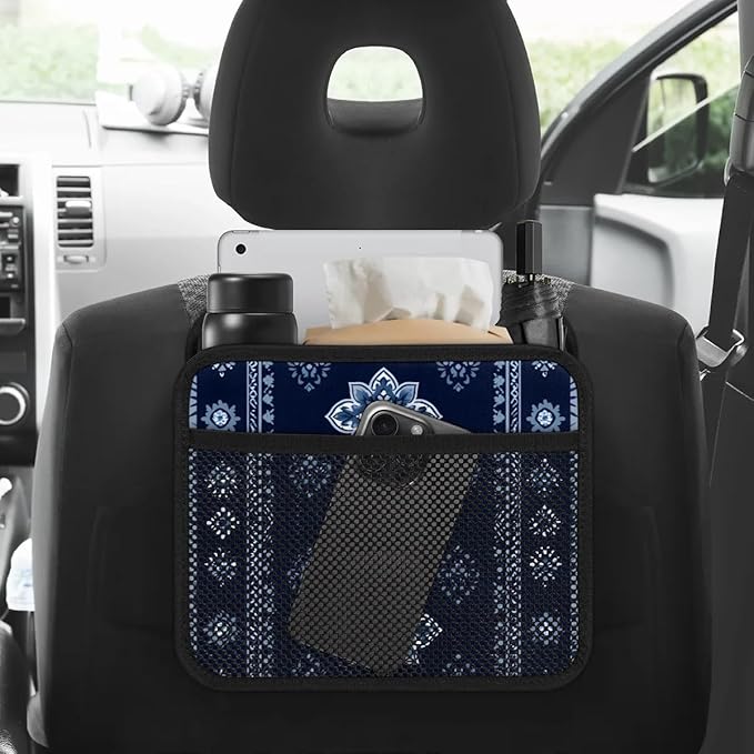 Car Backseat Organizer, PU Leather Back of Seat Cars Hanging Organizer with Pockets Leakproof Car Garbage Bags Hanging Car Seat Storage Box Travel Accessories Foldable (Tribal-floral Vintage Blue)