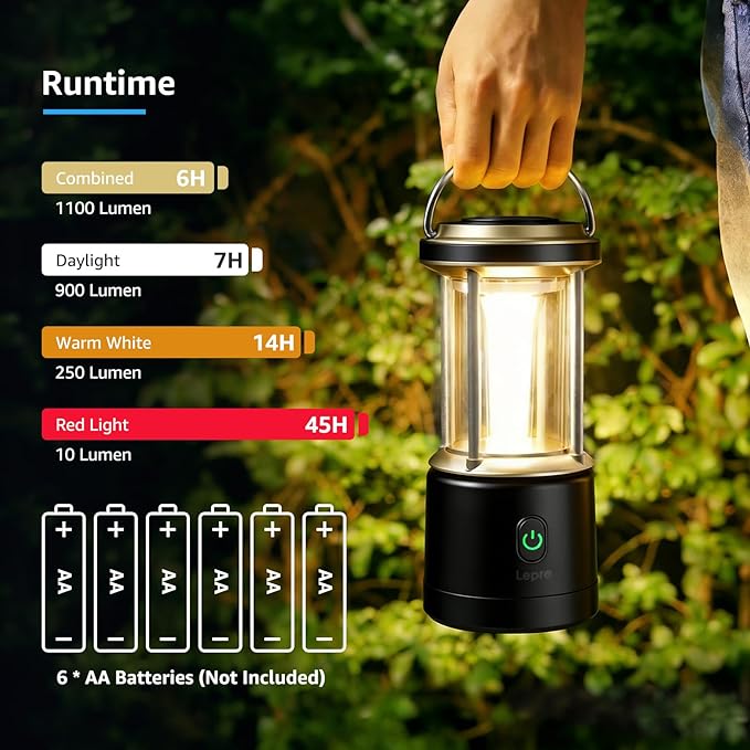 Lepro 1100LM Battery Powered LED Camping Lantern, Waterproof Tent Light with 5 Light Modes, Camping Essentials, Portable Lantern Flashlight for Camping, Emergency Light, Power Outage, Not Rechargeable
